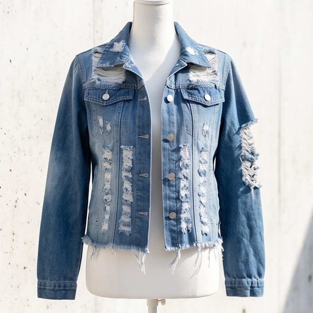Thrill Jeans L Womens Distressed Denim Jacket Blue Large Biker Streetwear Punk